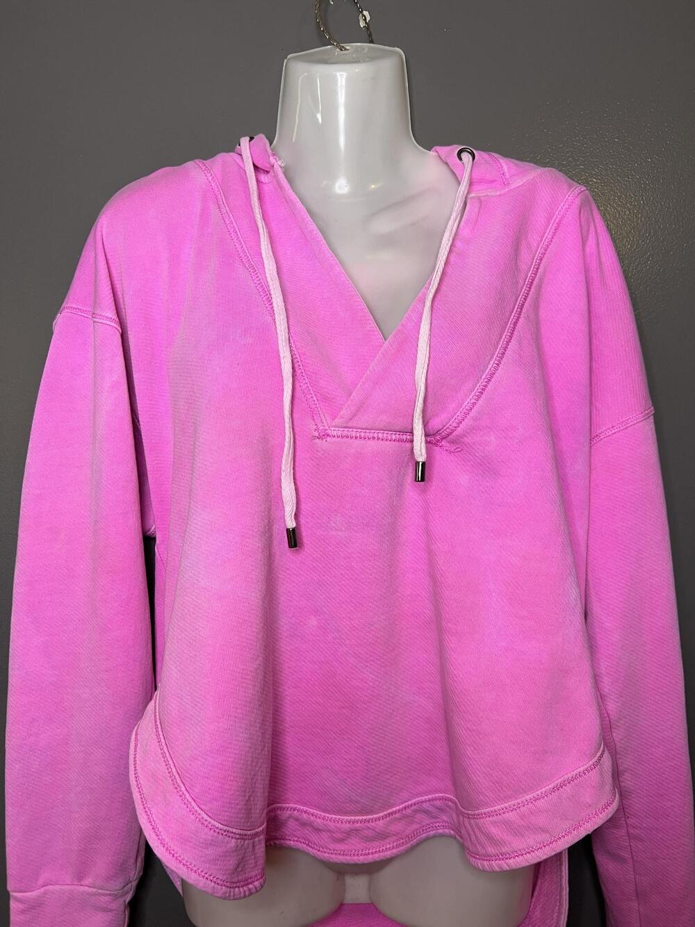Pilcro Anthropologie Hoodie Sweatshirt Womens Medium Pink Terry V Neck High Low